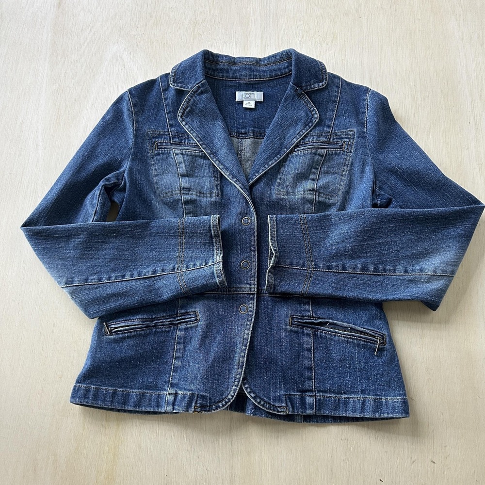 Ann Taylor Loft Blazer Jacket Womens 8 Blue Denim Single Breasted Zip Pockets